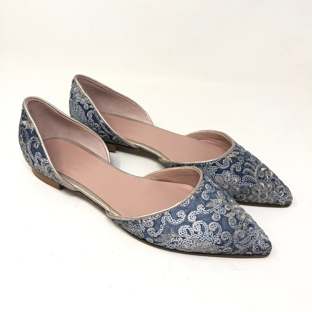 Sundance Womens 38 D'Orsay Flats Blue Gold Embroidered Lace Pointed Toe